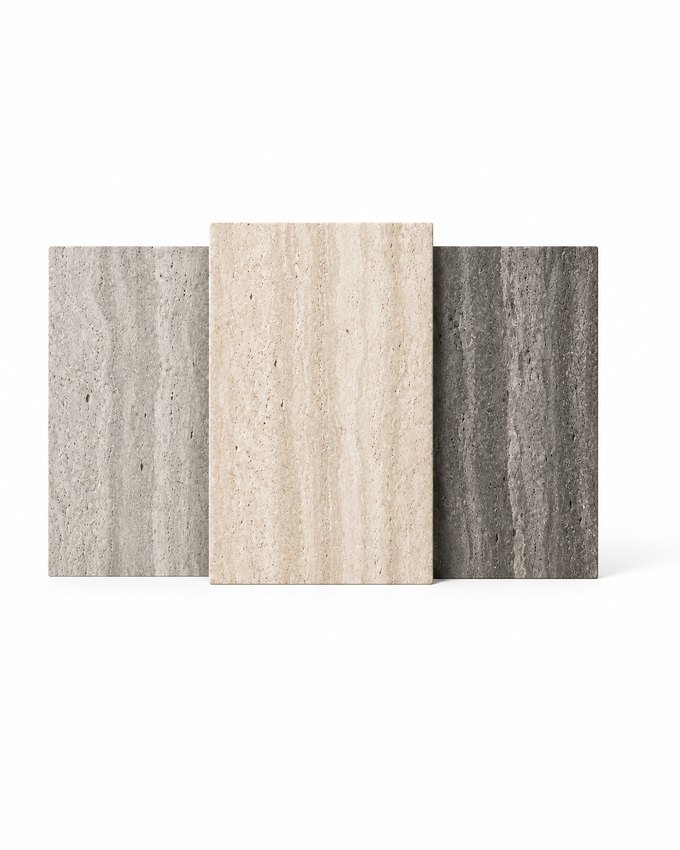 Strata — three linear travertine panels, cream, grey and charcoal
