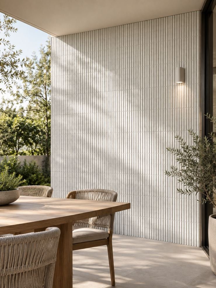 Volcanic fluting on a wall beside a dining table, in afternoon light